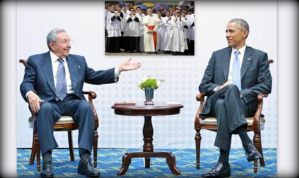 El primer encuentro entre Obama y Castro el 17 de abril de 2015 (Efe). En el recuadro el cardenal Jaime Ortega