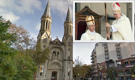 Vista de la parroquia donde ocurrió el robo. El cardenal Poli en la foto más pequeña