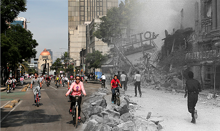 La céntrica Avenida Juárez de Ciudad de México como es hoy y como se la veía después del terremoto de 1985. Foto José Carlos González y Fabrizio León