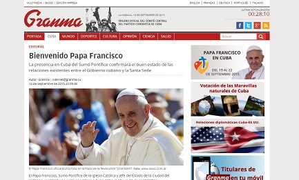 GRAMNA: “BIENVENIDO PAPA FRANCISCO”. La primera página del diario del Partido Comunista cubano dedicada al huésped que está por llegar