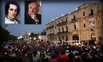 El Papa Francisco en el momento en que llega a la sede del Centro Félix Varela de La Habana. Arriba, un retrato de Varela y el postulador Vincenzo Paglia