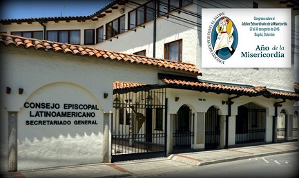 La sede del CELAM en Bogotà, y el lema del Congreso