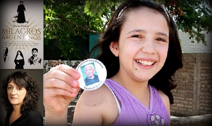 Camila Brusotti, la niña que se curó por el milagro adjudicado a Brochero para su canonización. En los recuadros, la tapa del libro y la autora. Foto Mariano Arias