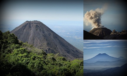 El volcán Coatepeque, en la foto grande, y junto a ella Ilopango, de tonos azulados, ambos en El Salvador. El volcán con penacho es Santa María, en Guatemala