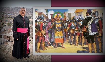 Una imagen del “juicio” de Atahualpa por Pizarro. El párroco Guillermo Inca Pereda