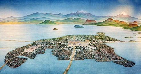 Pintura de Tenochitlán, la capital azteca construida en el centro del lago, donde hoy se levanta Ciudad de México