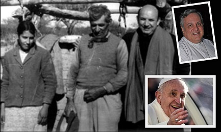 Angelelli con una familia del campo. Arriba Monseñor Colombo, abajo el Papa Francisco