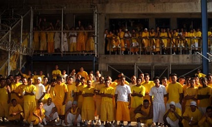 Mara 18 gang members attend mass at Izalco penitenciary, 70km west of San Salvador